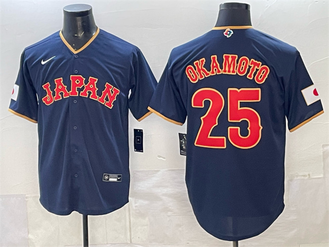 Men's Japan Baseball #25 Kazuma Okamoto Navy 2026 World Baseball Classic Road Stadium Stitched Jersey Men's Japan Baseball #25 Kazuma Okamoto Navy 2026 World Baseball Classic Road Stadium Stitched Jersey